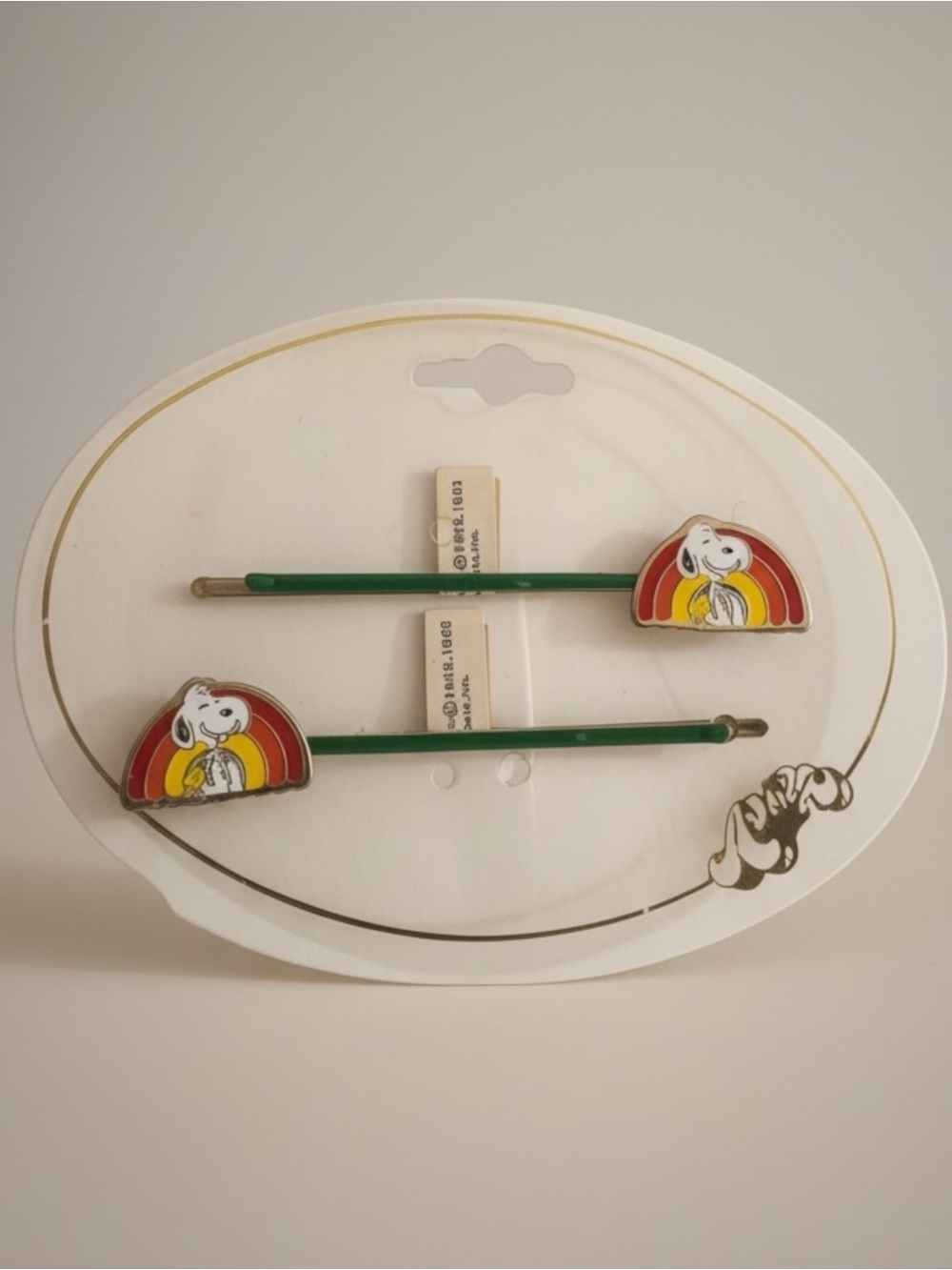 Vintage 1970’s Aviva Snoopy Bobby Pin Set - Green Pins with Red/Yellow Accents